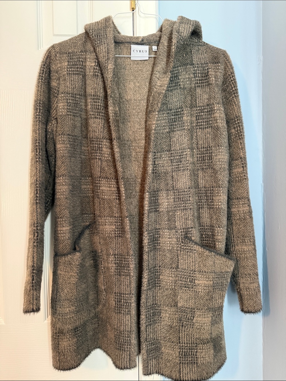 Cyrus Taupe Plaid Hooded Open-Front Cardigan